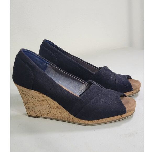 Toms Sandals Womens Size 8 Michelle Black Canvas Wedges Cork Heel Peep-Toe - Picture 1 of 9